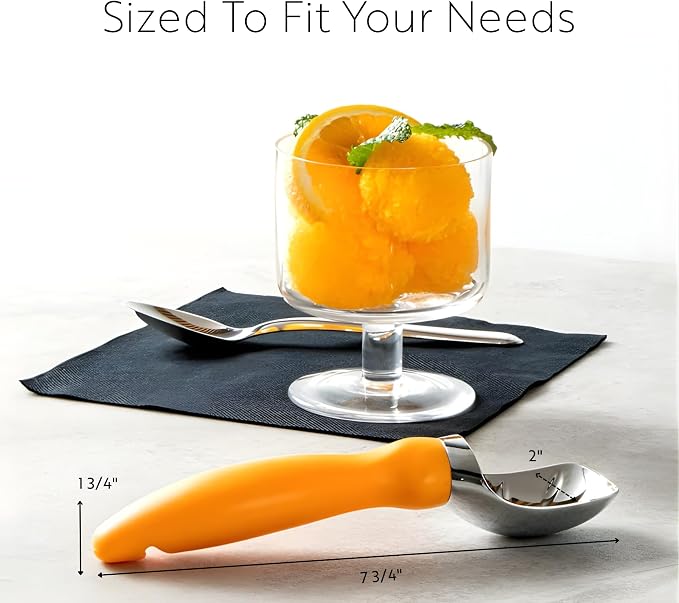 Restaurantware Comfy Grip 7.9 x 2 Inch Kitchen Ice Cream Scoop 1 Heavy-Duty Ice Cream Disher - Ergonomic PP Handle Dishwashable Orange Metal Ice Cream Spade With Lid Opener Notch Multi-Use