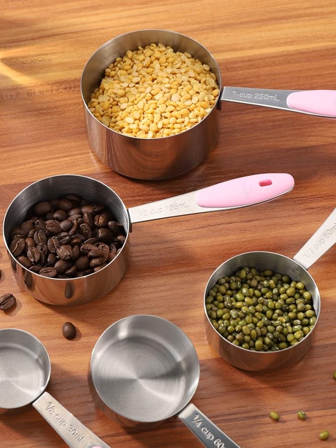 Joyhill Stainless Steel Measuring Cups and Spoons Set of 10 Piece, Nesting Metal Measuring Cups Set with Soft Touch Silicone Handles for Dry and Liquid Ingredients, Cooking & Baking (Pink) | BPA-Free Silicone Handles, Etched Markings, Nestable Design, ...