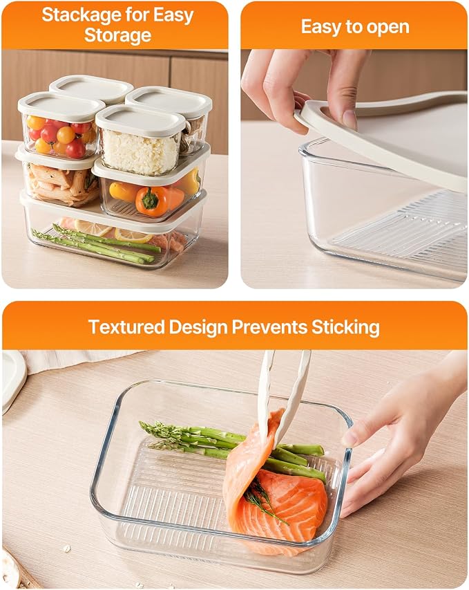 KEMETHY 7 Pack Glass Food Storage Containers with Lids,Stackable BPA Free Glass Meal Prep Containers,Glass Lunch Containers with Lids for Kitchen Storage and Organization- Baking, Microwave, Oven