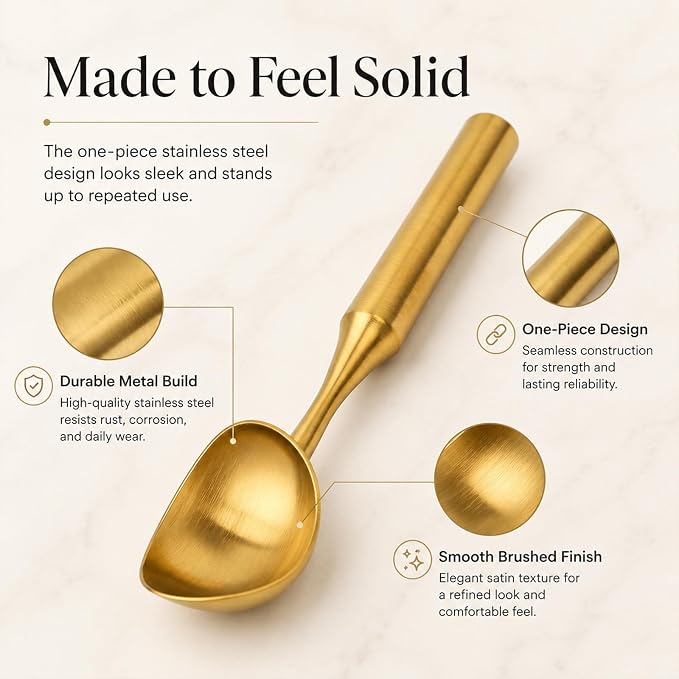 Heavy-Duty 304 Stainless Steel Ice Cream Scoop, 4.5 oz Cookies Scoop, Durable, Corrosion-Resistant & Dishwasher Safe with Ergonomic Grip for Perfect Scooping, Solid Design, Gold
