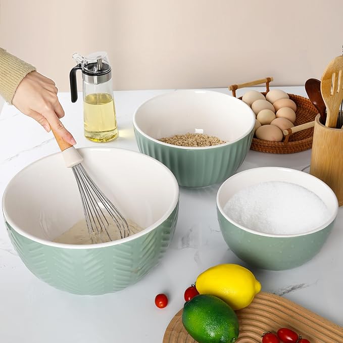 HAPPY KIT Ceramic Nesting Mixing Bowls, Set of 3 Avocado Green | Serving Bowls Set For Kitchen, Large 5/3/1.5 Quart Bowl Set of 3, Prep Nesting Bowl, For Baking and Mixing Salad