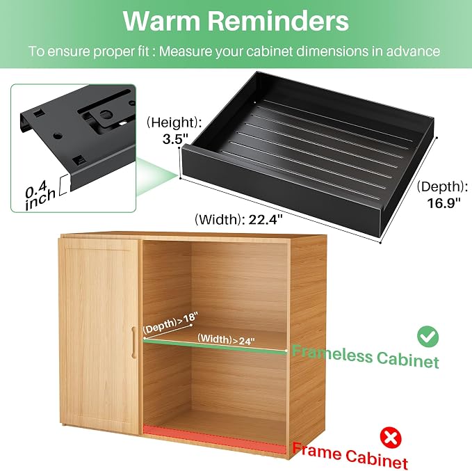 Pull Out Cabinet Organizer with Nano Adhesive, Heavy Duty Full-Extension Slide-Out Drawer for Kitchen Cabinet Organizers and Storage, No Drill Roll out Pantry Shelf, 22.4"W x 16.9"D x 3.1"H , Black