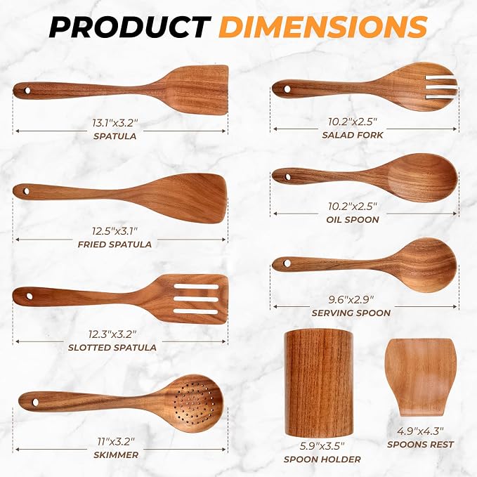 AIUHI Teak Wood Cooking Utensils Set, 9 Pieces Non-Toxic Wooden Spoons, Spatulas, Salad Fork, Strainer Spoon, Spoon Rest, BPA-Free, Safe for Non-Stick Cookware, Durable & Easy to Clean