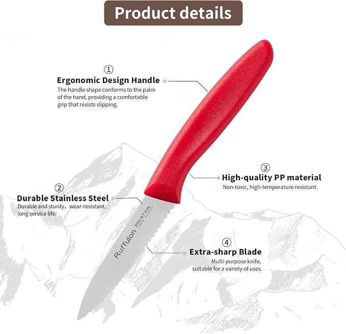 Stainless Steel Paring Knife With Serrated Blade, 6 Pieces Set Vegetable and Fruit Knife, Ultra Sharp Small Kitchen Knife, Red Paring Knives with PP Plastic Ergonomic Handle.
