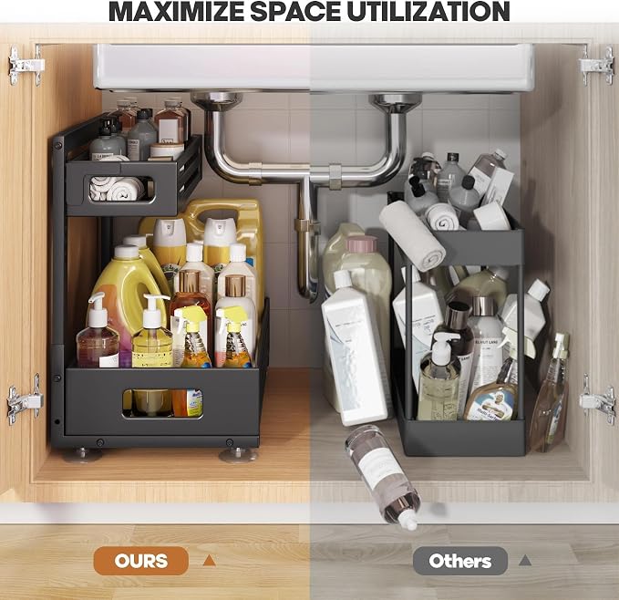 2 Pack 17IN-Depth Under Sink Organizer,Pull Out Cabinet Organizer With Smooth Cylindrical Rail,Metal Slide Out Drawer for Kitchen Bathroom Laundry,8-Level Tool Free Height Adjustable-Black