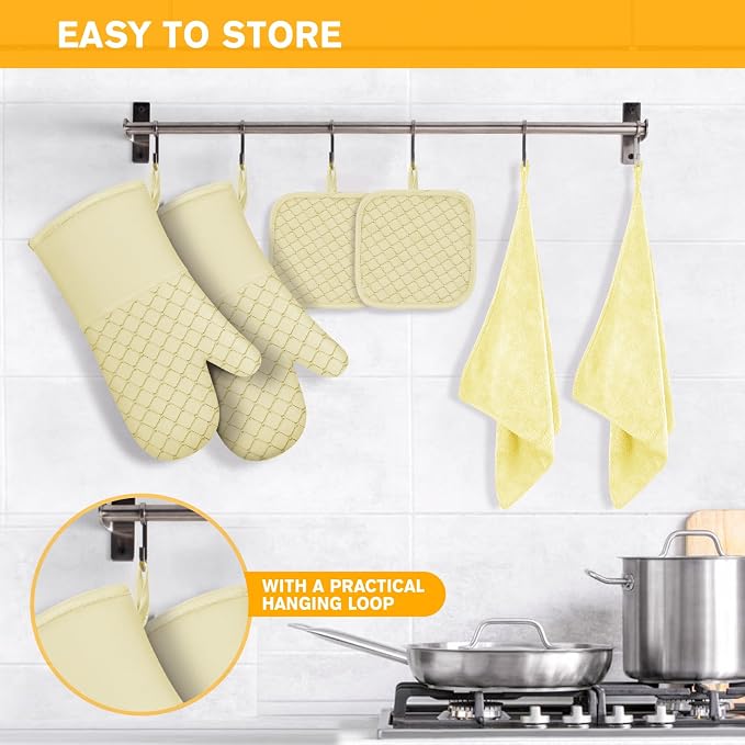 6 Pcs Oven Mitts and Pot Holders, 500℉ Heat Resistant Oven Mitts with Kitchen Towels Soft Cotton Lining and Non-Slip Silicone Surface Safe for Baking, Cooking, BBQ (Milkshake/Beige)