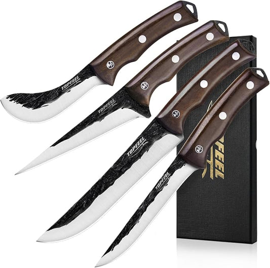 Topfeel 4PCS Hand Forged Butcher Knife Set - Slicing Knife,Boning Knife, Dividing Knives,Skinning Butcher Knives,High Carbon Steel Meat Cutting cleaver for Home Kitchen & Outdoor