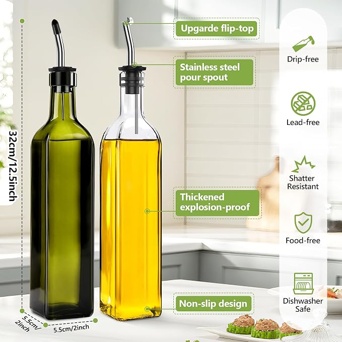 Leaflai Olive Oil Dispenser Bottle, 2 Pcs Glass Olive Oil Dispenser and Vinegar Dispenser Set with 2 Stainless Steel Pourers, 4 Labels,1 Brush and 1 Funnel Oil Bottles for Kitchen (500ml)
