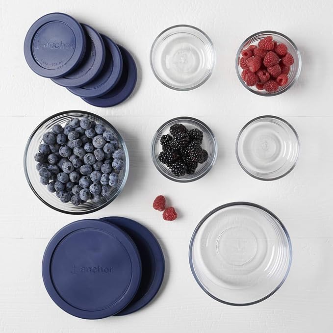 Anchor Hocking 12 Piece Glass Storage Containers with Lids (6 Glass Food Storage Containers & 6 Navy Blue SnugFit Lids)