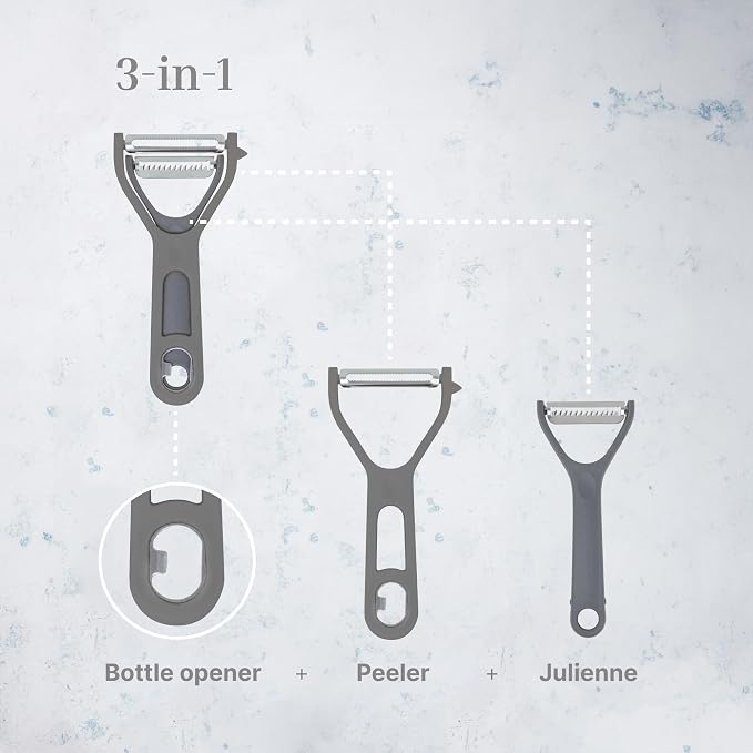 3 in 1 Vegetable Peeler – Julienne Slicer with Bottle Opener and Built-in Eye Remover – Stainless Steel Blade with Comfortable Handle – Potato, Cabbage, and Carrot Peeler for Kitchen – Grey