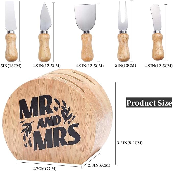 Cheese Knife Set with Wooden Holder,Cheese Spreader Knives Set of 5 for Charcuterie Board,Charcuterie Boards Accessories Charcuterie Utensils Tools Git Box (Mr Mrs)