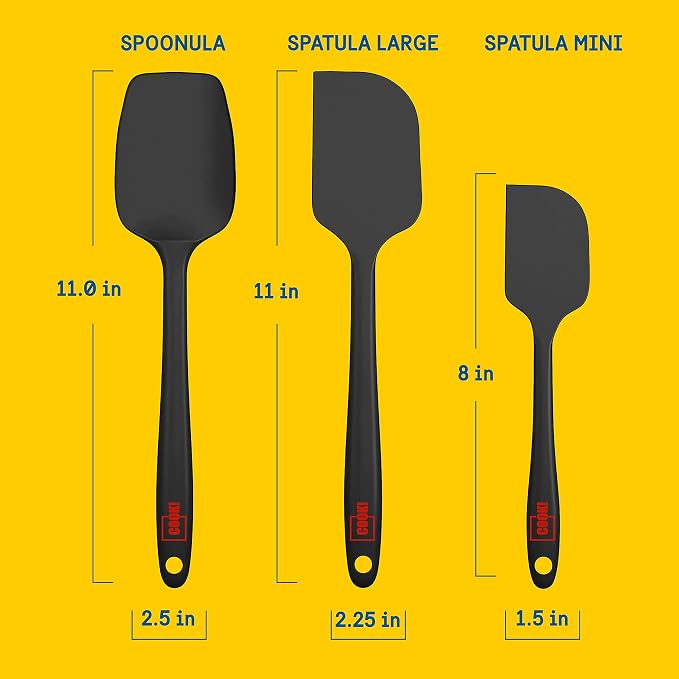 Cook! Silicone Spatula Set, Heat Resistant Dishwasher Safe, Steel Reinforced Handle, Scrape Bowls, Stir Pots, Decorate Cakes, 3 Piece Set, Black