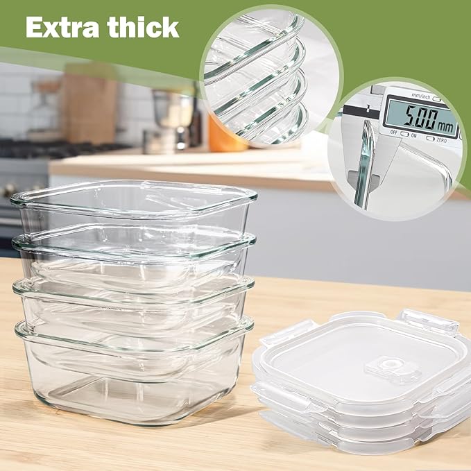 Square Glass Containers with Lids 3 Cup/24 oz, 4 Pack | Borosilicate Glass Bowl | Airtight | Meal Prep | Sandwich | Oven Microwave Freezer Dishwasher Safe | Small Food Storage Sets