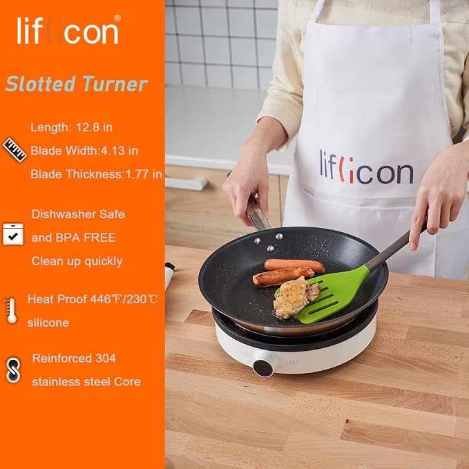 Liflicon Silicone Slotted Turner Spatula Perfect for Fish SpatulaFlipper and Omelet Turner Heat Resistant Up to 446 Degree Fahrenheit Kitchen Utensils Slotted Turner for Cooking-Chacha Slotted Turner