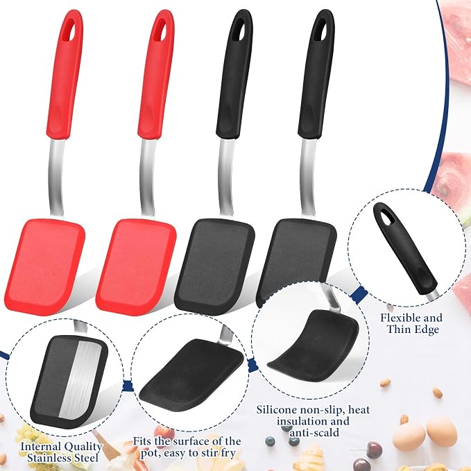 Gejoy 4 Pcs Silicone Cookie Spatula Turner Mini Brownie Spatula Flexible Silicone Spatulas Nonstick Cookware Heat Resistant No Scratch Flipper Baking Utensils for Egg Pancake(Red, Black)