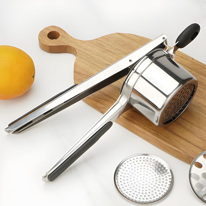 Potato Ricer Stainless Steel, 15 oz Heavy Duty Potato Masher with 4 Interchangeable Discs, Large Capacity Smooth Mashed Potatoes Press, Easy to Clean Kitchen Tool