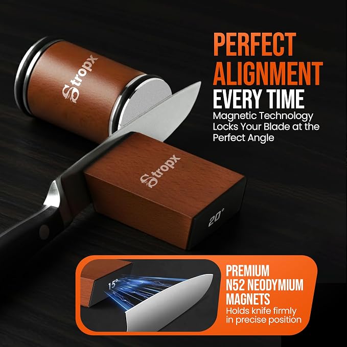 Rolling Knife Sharpener Kit with Removable Diamond & Ceramic Grinding Discs 400/1000/3000 Grit, Magnetic Knife Sharpener Base with 15° & 20° Angle Guide, Chef Knife Sharpening for Razor-Sharp Edge