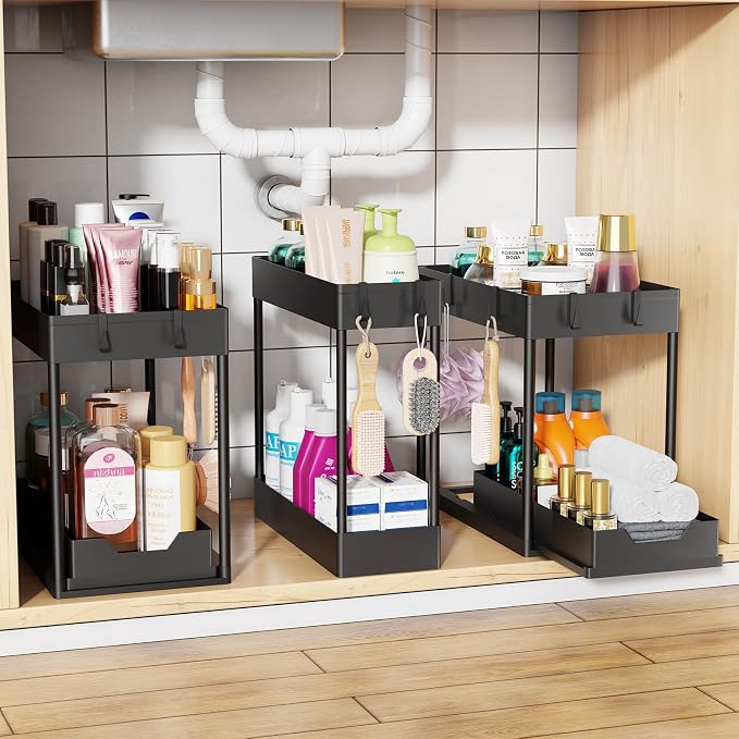 Simple Trending Under Sink Organizer 3 Pack, with Sliding Drawer, Black | 2 Tier Multi-Purpose Pull-Out Cabinet Organizer, Slide Out Storage Shelf for Kitchen Bathroom, Large Capacity, Easy Assembly