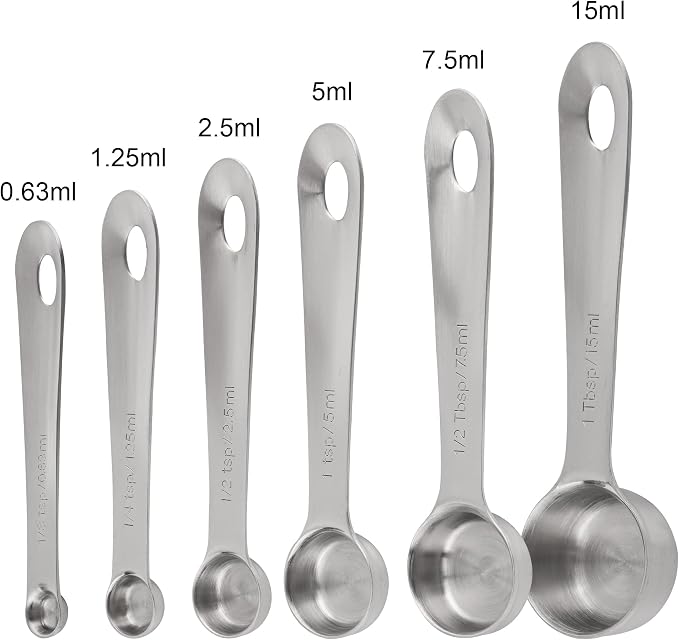 Measuring Spoons Set 6 with Flat Bottom, 18/8 Stainless Steel Measuring Spoons Set for Dry & Liquid, Metric & US Markings Measuring Tools for Kitchen & Baking