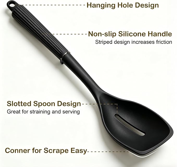 2 Pack Silicone Cooking Spoon Spatulas, 13Inch Non Stick Large Rubber Solid Slotted Spoon Set for Mixing, Draining, Scraping, Heat Resistant Kitchen Utensils, Black