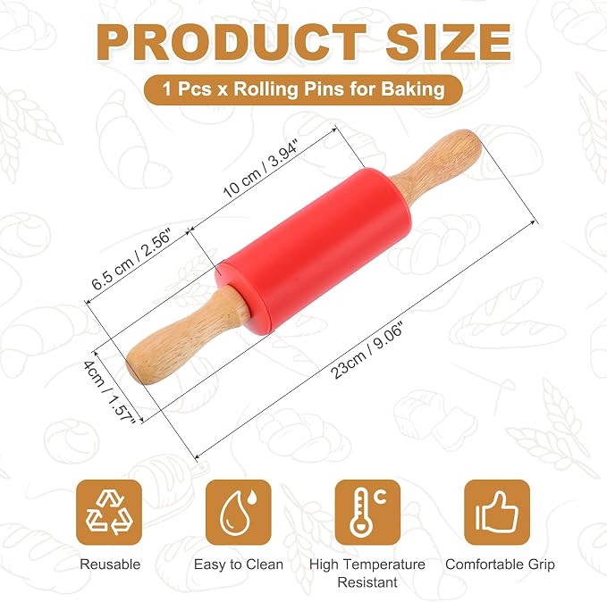 uxcell Rolling Pins for Baking, 9 Inch Silicone Non-Stick Rolling Pin Baking Roller Wooden Handle for Home Kitchen Dough Cookies Pastry, Red