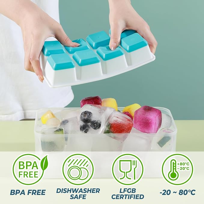 Large Ice Cube Trays with Lid, Jrisbo 2 Pack Stackable Silicone Ice Cube Molds for Freezer, Easy Release 16 Big Square Ice Trays for Whisky Cocktails