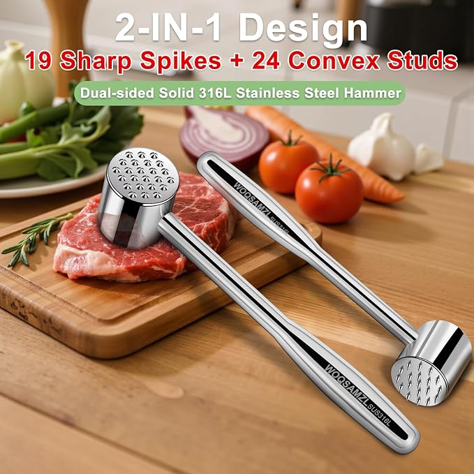 2-in-1 Real 316L Stainless Steel Meat Tenderizer Mallet Hammer,Dual-Sided Meat Tenderizer Tool with 19 Sharp Needles Spikes,Heavy Duty 1.09lbs Versatile Kitchen Pounder,Solid & Dishwasher Safe
