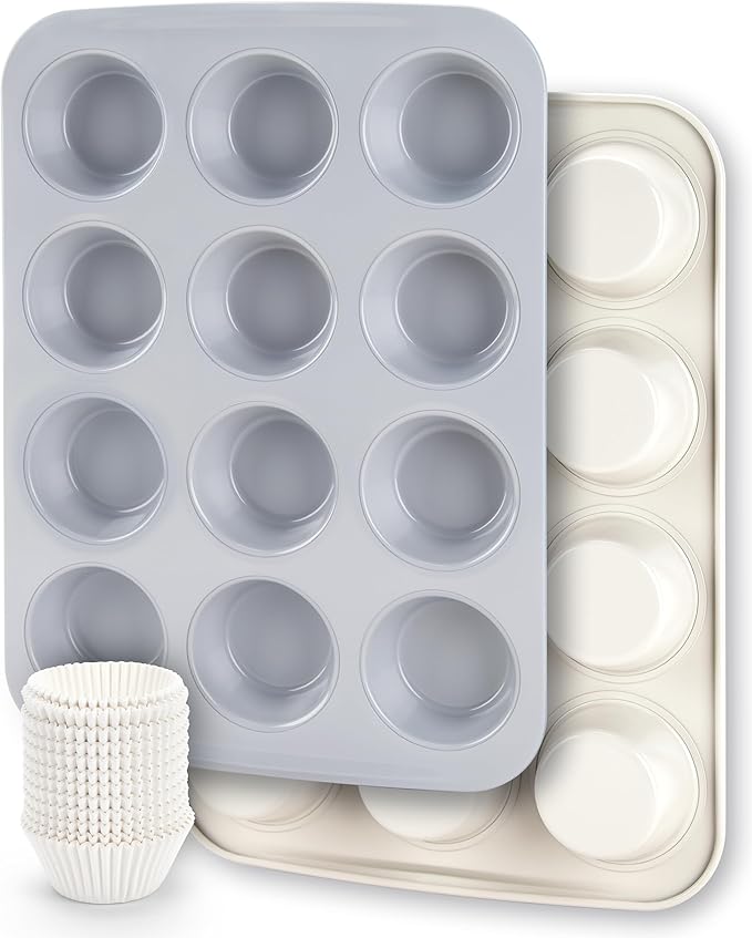 CARTMAN 2-Pack Ceramic Muffin Pan 12 Cup with 200 Cupcake Liners, Non-Stick & Non-Toxic Baking Tin for Healthy Muffins and Cupcakes, Perfect for Home Kitchens and Parties