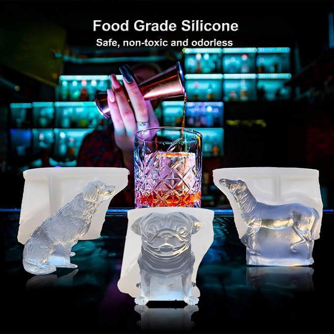 3D Pug Dog Ice Cube Silicone Molds Tray for Whiskey, Cocktail, Drink Decor, Bar; Rich Details. Fun Animal Shape Large Dogs Candle Epoxy Resign Mold; Pug Gifts for Women Kids Puppy Lover, 2 Pack