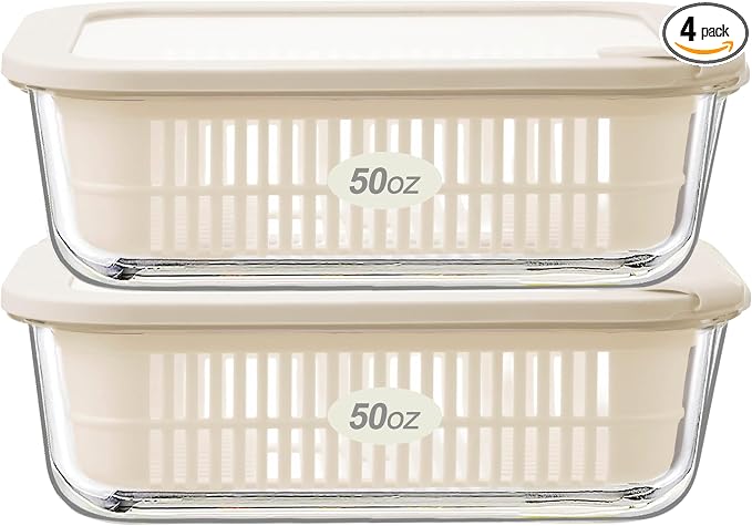 Glass Food Storage Containers with Glass Lids, Microwave Safe Food Container Set, Aitight Meal Prep Container Set, BPA Free Colander, LeakProof, 2 Pack