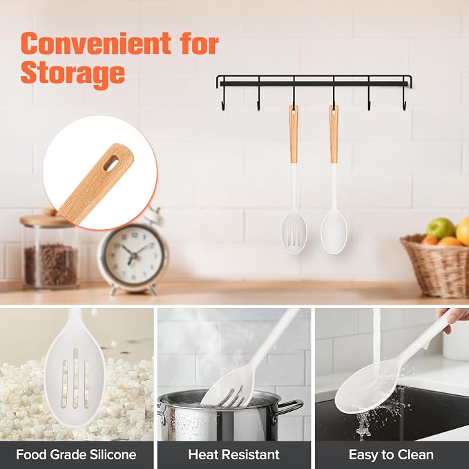 2 Pack Silicone Cooking Spoons, BPA Free, Wooden Handle Heat Resistant Solid & Slotted Spoons for Nonstick Cookware, Suitable for Scooping, Serving and Mixing (White) | BPA Free, Heat Resistant Kitchen Spoons, 13.9'' Length Nonstick Cookware for Cookin...