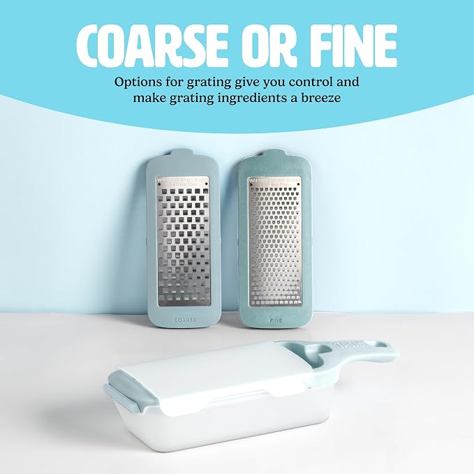 Tasty Interchangeable Grater with Storage Box, Includes Coarse & Fine Stainless Steel Blades, Non-Slip Base for Stability, Dishwasher Safe, Aqua