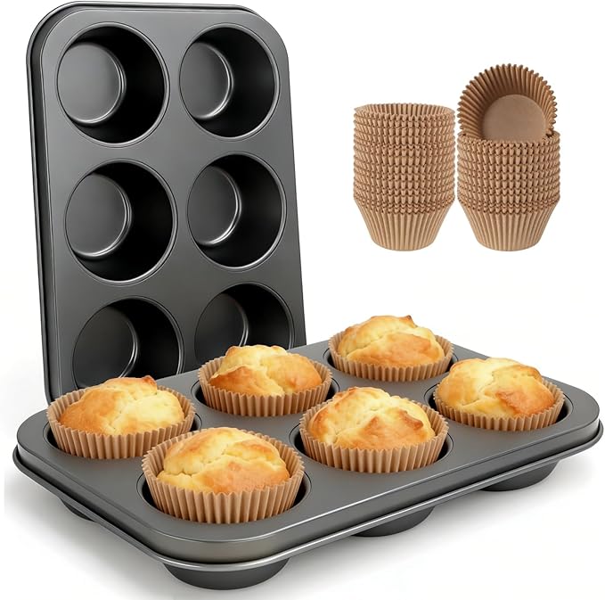 Artcochan 2 Pack Jumbo Muffin Pan with 50 Cupcake Liners, Extra Large 6 Cup Nonstick Carbon Steel Cupcake Pan, Jumbo Muffin Tin for Baking Supplies