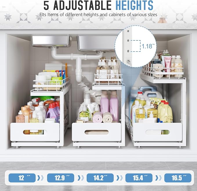 Under Sink Organizer Upgrade To Professional Rails,2-Tier Dual Pull Out Cabinet Storage,Height Adjustable Slide Out Drawers For Bathroom Kitchen,2 Pack-21"Dx12.8"-16.9"H,White