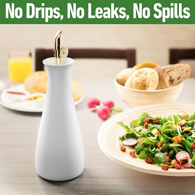 Ceramic Olive Oil Dispenser with Self-Closing Gold Spout, 530mL, Leakproof | Leak Proof EVOO Dispensing Bottle, Stainless Steel Self-Closing Spout, Ergonomic, Durable, Easy Pour, Stylish, 530mL Capacity
