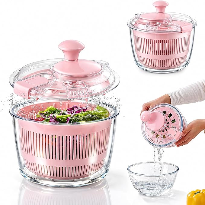 Glass Salad Spinner 3.2 Qt, Small Salad Spinner with Glass Bowl Removable Lid for Easy Cleaning Dishwasher Safe Glass Bowl Vegetable and Fruit Washer Dryer with Drain Spout Crank Handle Pink
