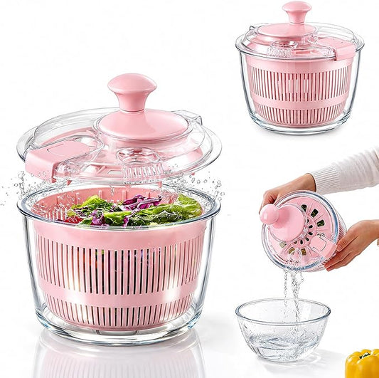 Glass Salad Spinner 3.2 Qt, Small Salad Spinner with Glass Bowl Removable Lid for Easy Cleaning Dishwasher Safe Glass Bowl Vegetable and Fruit Washer Dryer with Drain Spout Crank Handle Pink