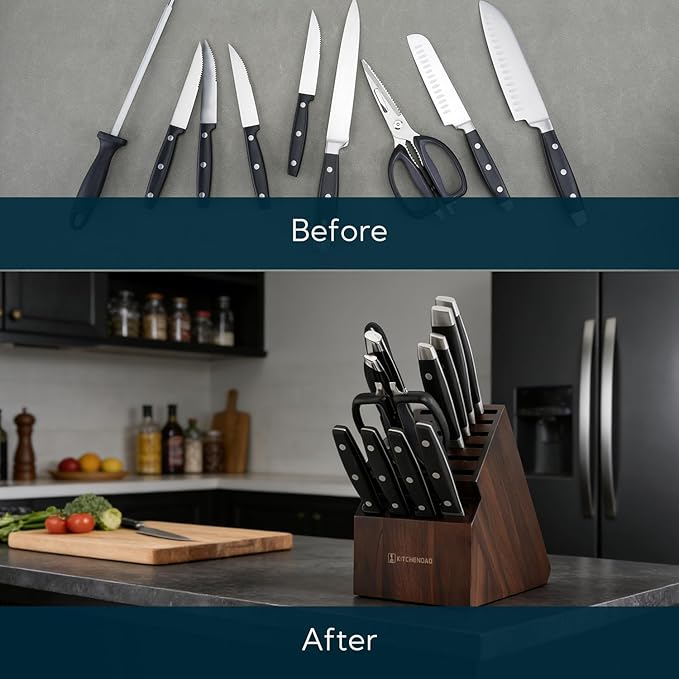 KITCHENDAO 20 Slot Black Walnut Wood Knife Block without Knives, Universal Knife Holder for Kitchen, Holding Multiple Types of Knives, Countertop Butcher Block Knife Stand for Easy Kitchen Storage