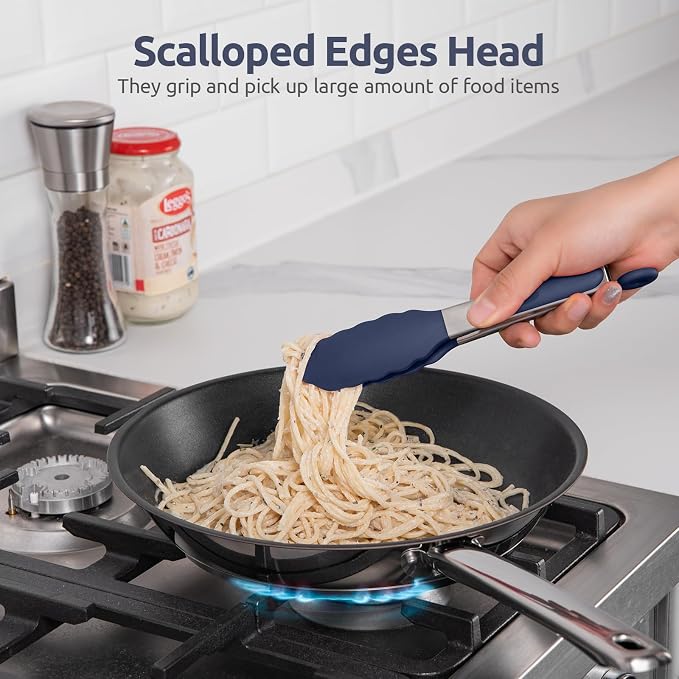 480ºF Heat Proof Kitchen Tong: U-Taste 7" Silicone Cooking Tong with Firm Sealed Non Stick Rubber Tips & Silicon Coated 18/8 Stainless Steel Handle & Smooth Locking for Serving Salad (Midnight Blue)