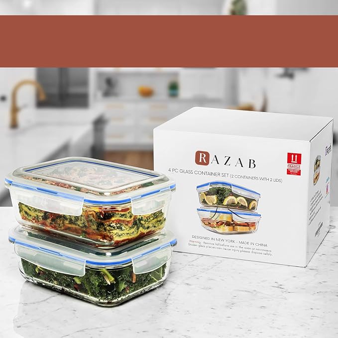 Razab 6.5 Cups / 52 Oz 4 Piece (2 Containers + 2 Lids) Glass Food Storage Containers Set with Airtight Locking Lids - For Storing, Baking & Serving BPA Free, Leakproof - Microwave, Freezer & Oven Safe