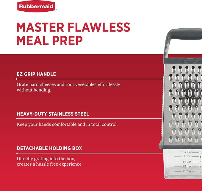 Rubbermaid EZ Grip Box Grater, Stainless Steel Cheese Grater & Container - BPA Free Multi-Surface Cheese Shredder & Food Grater for all Vegetables | Graters for Kitchen -Non-Slip Base, Dishwasher Safe