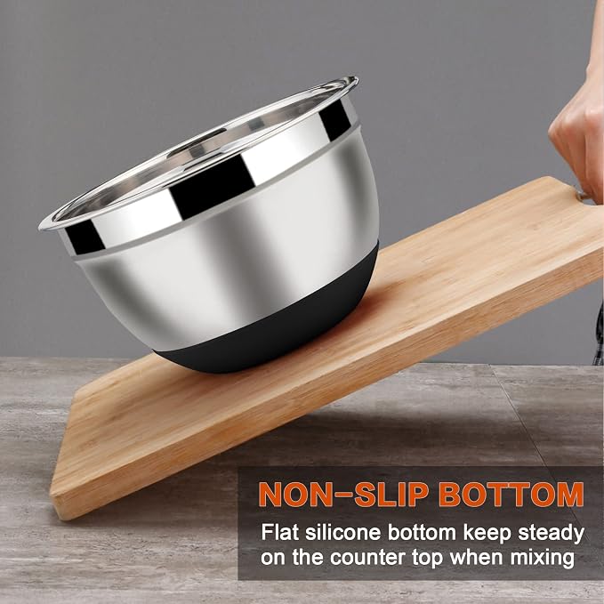 LIANYU Nesting Mixing Bowls Set of 6, Size 7, 3.5, 2.5, 2, 1.5, 1QT | Stainless Steel Large Metal Bowls with Airtight Lids, Ideal for Baking Cooking Food Storage, Non-slip Bottom, Black