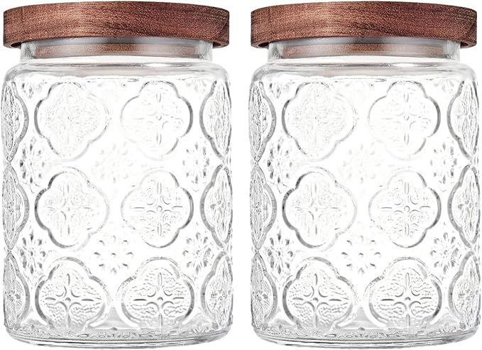 Glass Storage Jars With Airtight Lid, 23.7oz Container For Kitchen Counter with Wooden Lid, brown sugar, candy, coffee, cookie, salt, tea, cute Jar (Begonia Flowers*2)