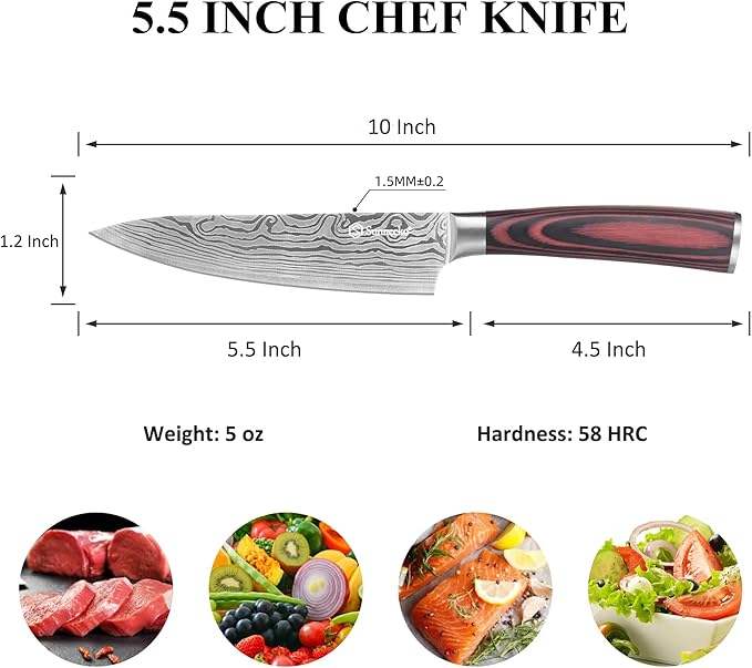 Sunnecko 5.5 Inch Small Chef Knife - Ultra Sharp 12-15 Degree Edge Kitchen Knife for Meat Vegetable Cutting Japanese Style with Sheath, High Carbon Stainless Steel Blade, Cooking Father Day Gift