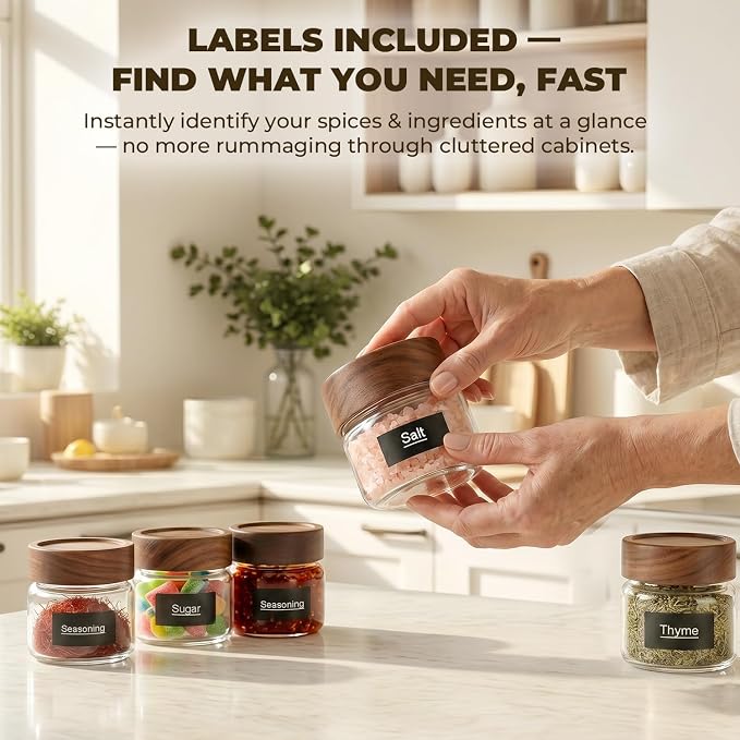 4 Pack 4 oz Glass Jars with Lids, Small Mason Jars with Airtight Acacia Wood Lid, Glass Spice Jars for Kitchen Pantry Organization, 4oz Small Jars for Spices, Nuts, Herbs & Seasoning