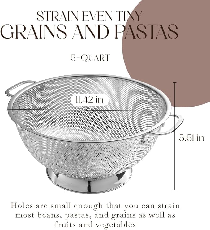 Bellemain Colander for Kitchen – 5 Qt Stainless Steel Strainer with Handle - Pasta Strainer Bowl for Pasta, Spaghetti, Vegetables, Fruit, and Pot Draining - Stainless Steel Colander
