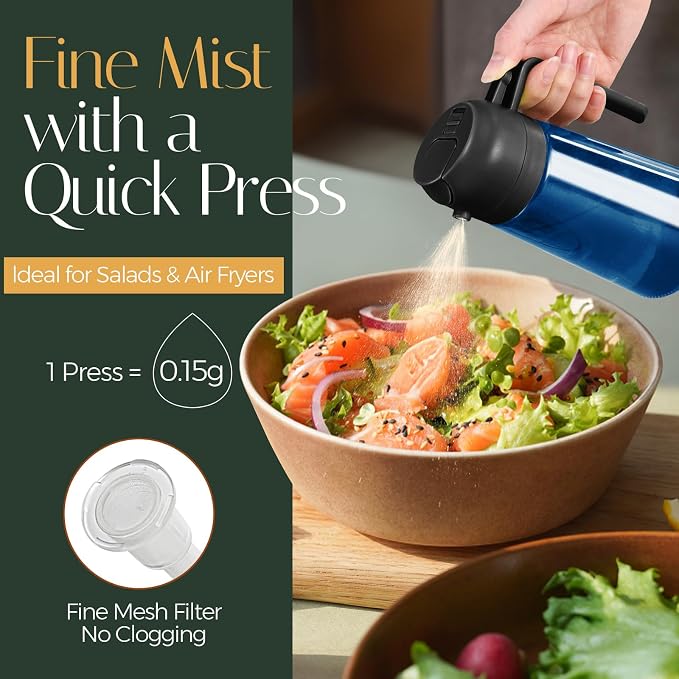YARRAMATE 16oz/470ml Light-Blocking Dark Oil Sprayer for Cooking (Black) | 2 in 1 Olive Oil Dispenser Bottle for Kitchen, Premium Blue Glass Oil Bottle, Food-Grade Oil Mister for Air Fryer, BBQ