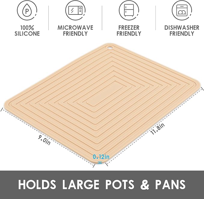 Beige Silicone Trivets for Hot Dishes Pots and Pans, Hot Pads for Kitchen, Rectangler Silicone Pot Holders, Heat Resistant Mat for Quartz Countertops, Multipurpose Trivet Mat Set 2