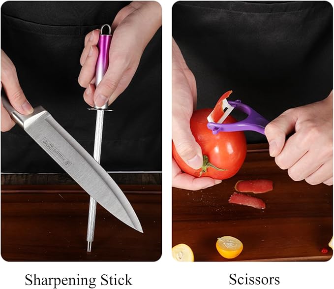 Kitchen Knife Set, 9Pcs Purple Knife Set with Acrylic Block, Ergonomical Handle,Non Stick Sharp Stainless Steel Chef Knife Block Set for Home Cooking Gift