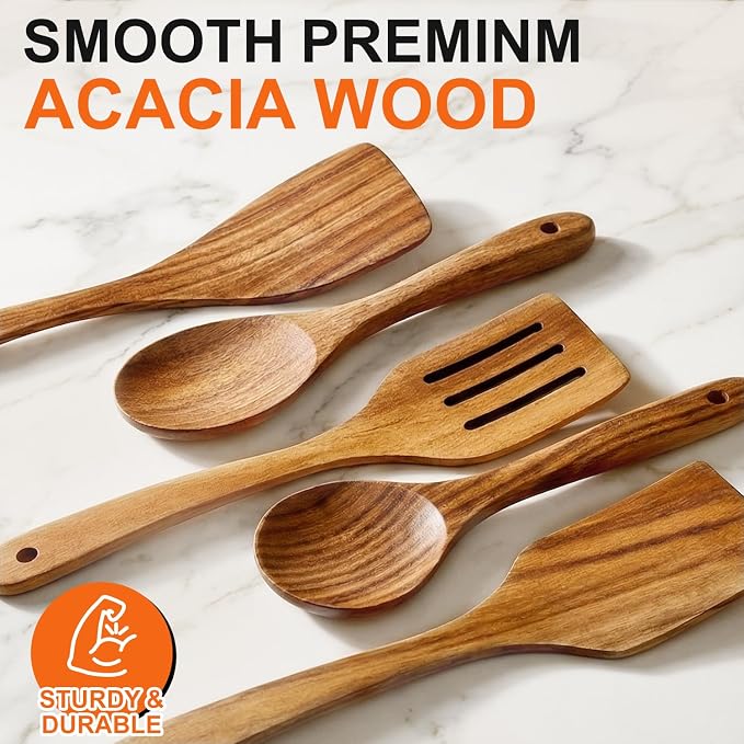 5 Pcs Best Wooden Spoons for Cooking Kitchen Utensils Set Acacia Wood Cooking Spatula Turner Non Toxic Utensil Slotted Serving Spoon Flat Spatulas Set Wooden Utensis Mixing Cooking Spoon